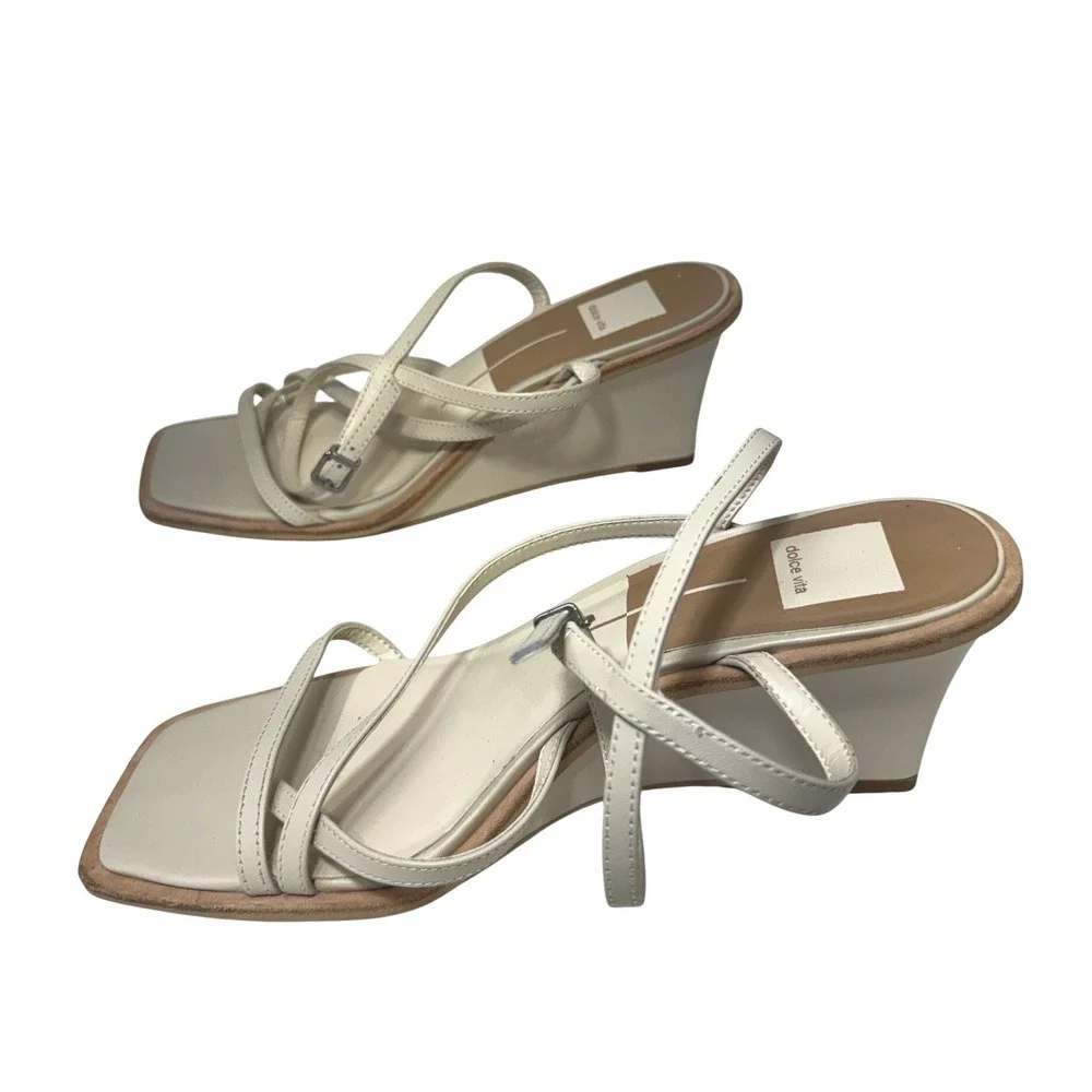 Dolce Vita Women Cream Strappy Square Toe Wedge Sandal Buckle Ankle Strap Size 9